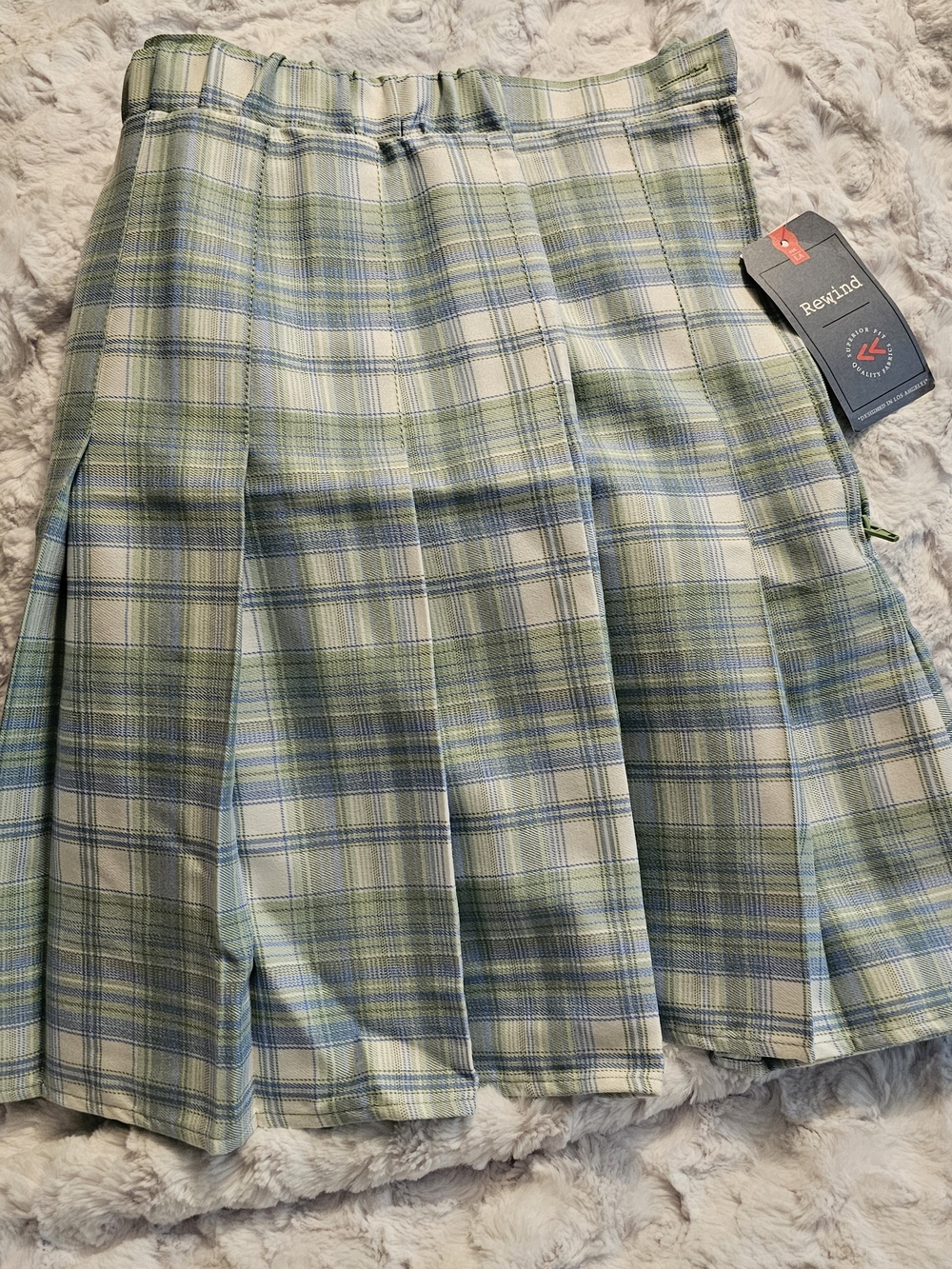 Rewind Blue, Green and Cream Plaid Pleated Mini Skirt